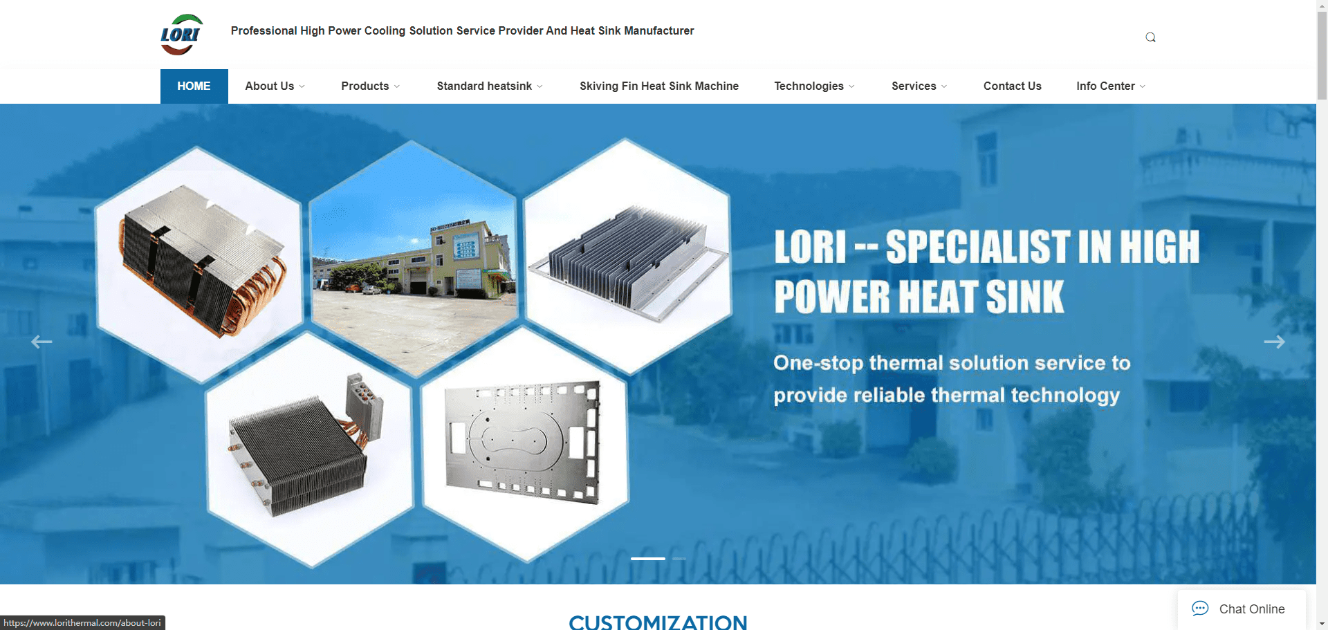 Lori Thermal homepage featuring high-performance aluminum and copper heatsinks.